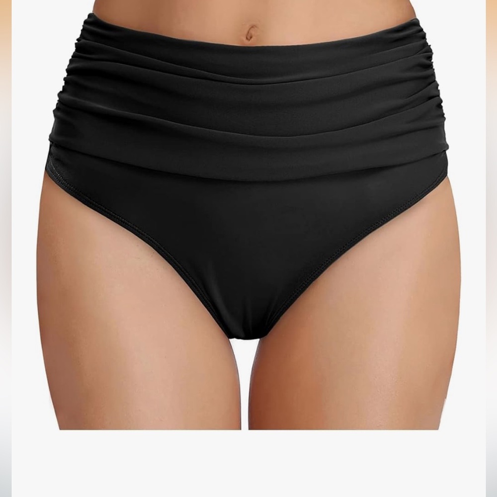 New Shekini High-Waist Tummy Control Ruched Bikini Bottom - Black Size S